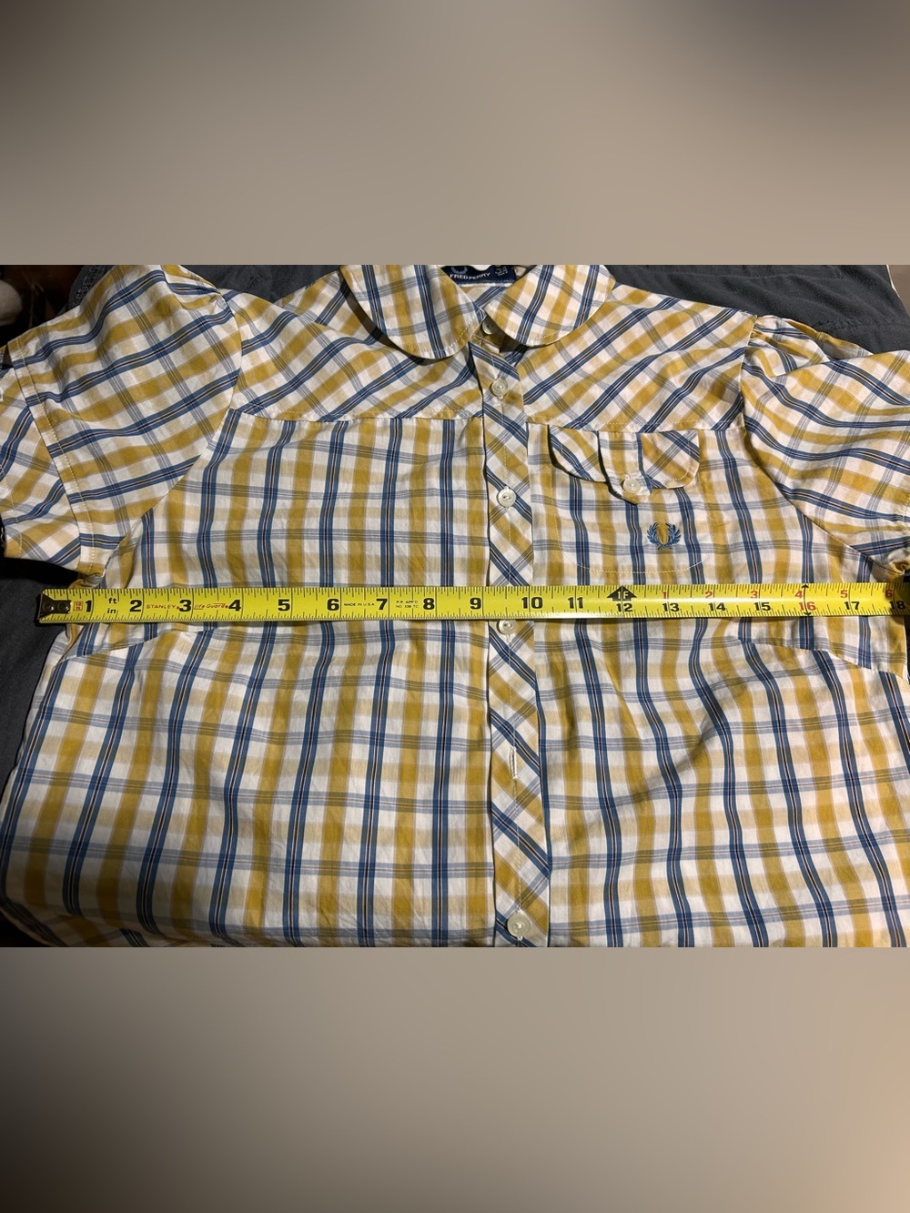 Fred Perry Yellow and Navy Plaid Peter Pan Collar Shirt UK12 - from England - Picture 7 of 7